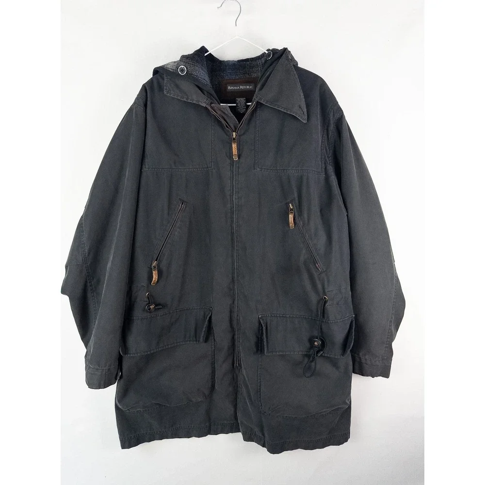 VTG 90s Banana Republic Wool Lined Hooded Parka Jacket Mens M Faded Black Gorpco